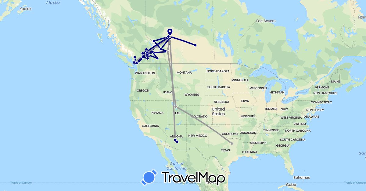 TravelMap itinerary: driving, bus, plane in Canada, United States (North America)